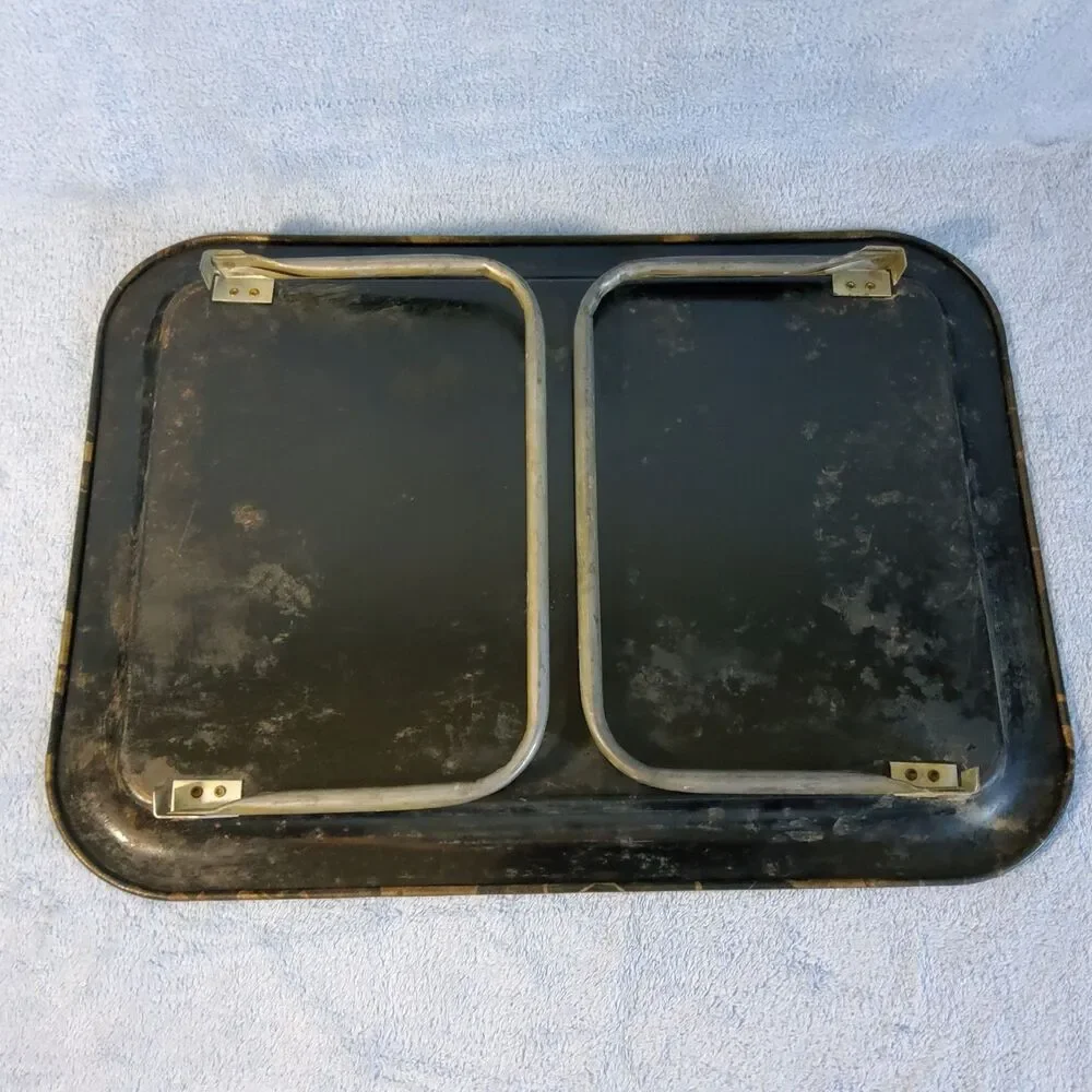 Vintage Metal TV Lap Tray Bed Breakfast Foldable Legs Black Gold Faux Marble